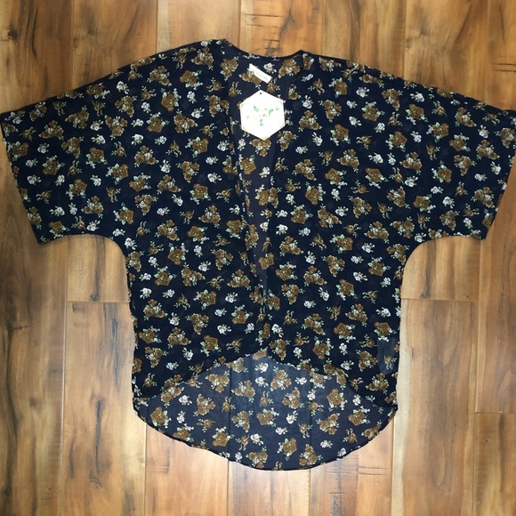 Navy Flowery Sheer Kimono - Picture 1 of 3